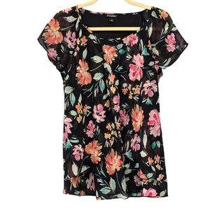 Roz & Ali Black Floral Blouse- Medium - lined - short sleeve - colorful